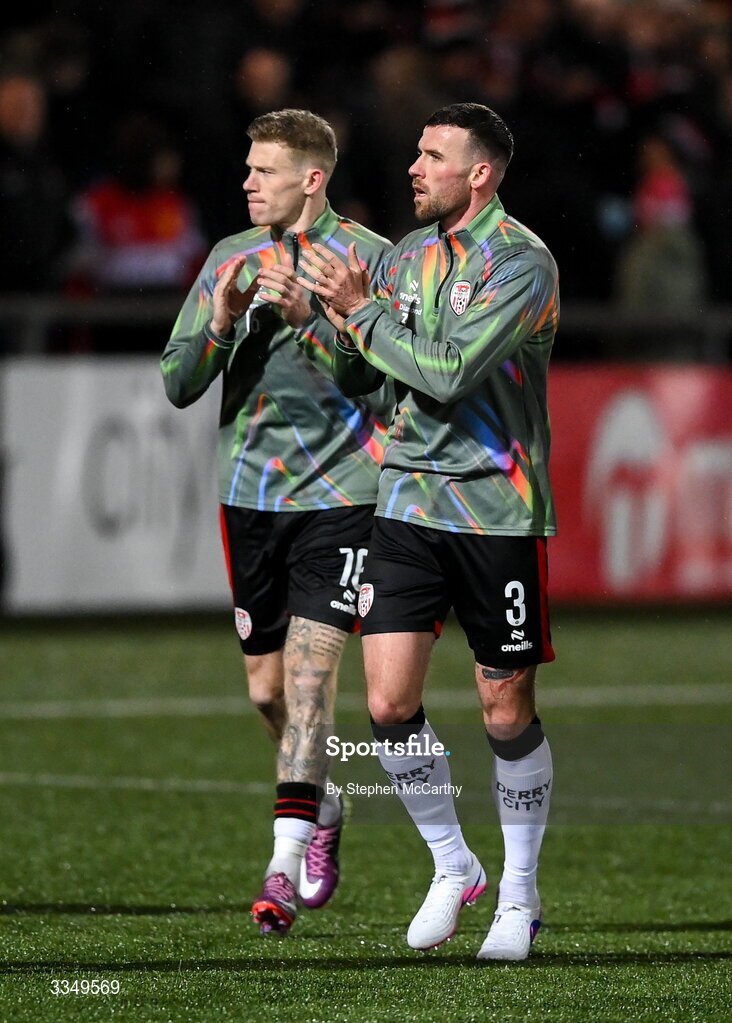 6 February 2026; Patrick McClean, right, and James McClean of Derry City before the SSE Airtricity Men's Premier Division match between Derry City and Sligo Rovers at The Ryan McBride Brandywell Stadium in Derry. Photo by Stephen McCarthy/Sportsfile