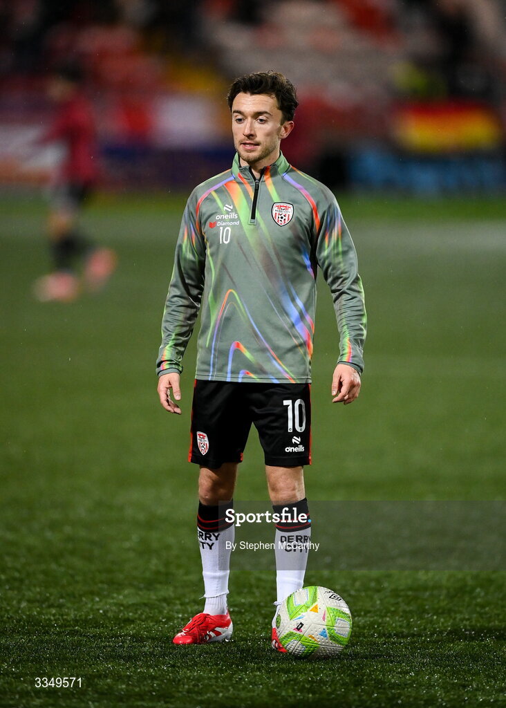 6 February 2026; Darragh Markey of Derry City during the SSE Airtricity Men's Premier Division match between Derry City and Sligo Rovers at The Ryan McBride Brandywell Stadium in Derry. Photo by Stephen McCarthy/Sportsfile