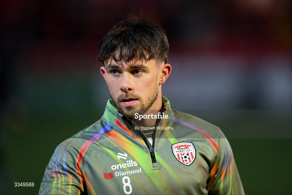 6 February 2026; Adam O'Reilly of Derry City during the SSE Airtricity Men's Premier Division match between Derry City and Sligo Rovers at The Ryan McBride Brandywell Stadium in Derry. Photo by Stephen McCarthy/Sportsfile