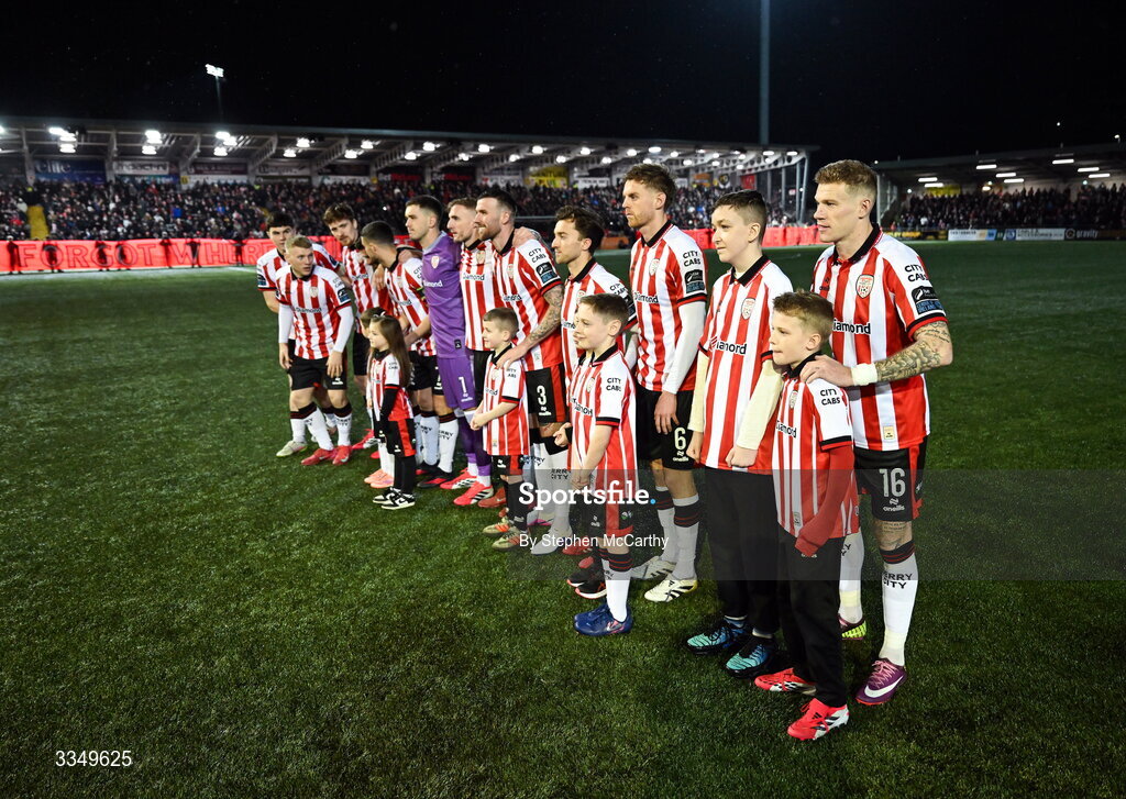 6 February 2026; James McClean of Derry City and his son Junior and Ethan Doran before the SSE Airtricity Men's Premier Division match between Derry City and Sligo Rovers at The Ryan McBride Brandywell Stadium in Derry. Photo by Stephen McCarthy/Sportsfile