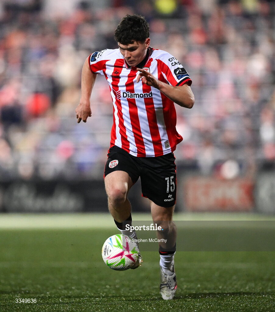 6 February 2026; James Clarke of Derry City during the SSE Airtricity Men's Premier Division match between Derry City and Sligo Rovers at The Ryan McBride Brandywell Stadium in Derry. Photo by Stephen McCarthy/Sportsfile