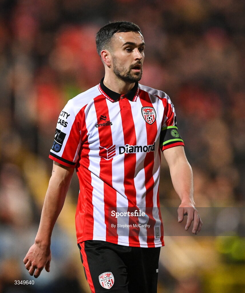 6 February 2026; Michael Duffy of Derry City during the SSE Airtricity Men's Premier Division match between Derry City and Sligo Rovers at The Ryan McBride Brandywell Stadium in Derry. Photo by Stephen McCarthy/Sportsfile