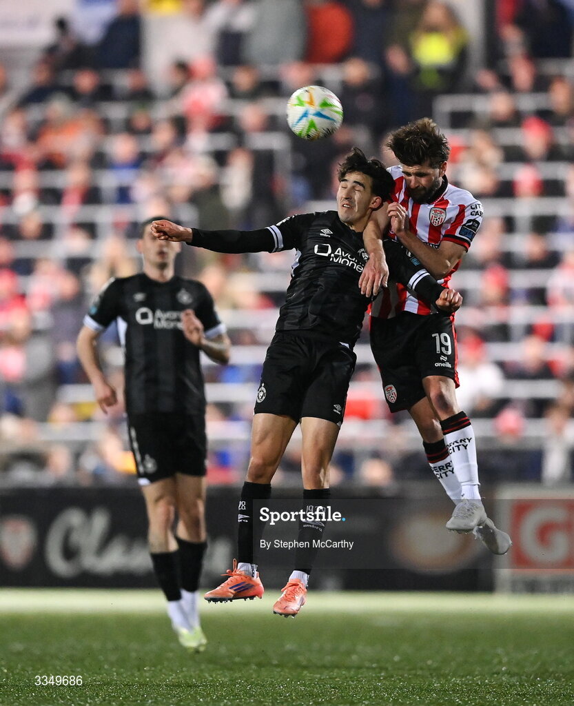 6 February 2026; Brandon Fleming of Derry City in action against Jad Hakiki of Sligo Rovers during the SSE Airtricity Men's Premier Division match between Derry City and Sligo Rovers at The Ryan McBride Brandywell Stadium in Derry. Photo by Stephen McCarthy/Sportsfile