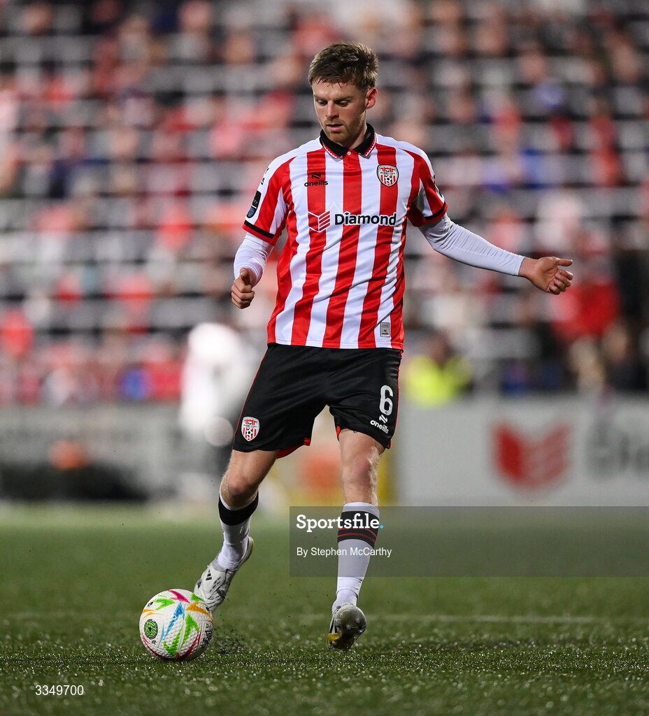 6 February 2026; Rob Slevin of Derry City during the SSE Airtricity Men's Premier Division match between Derry City and Sligo Rovers at The Ryan McBride Brandywell Stadium in Derry. Photo by Stephen McCarthy/Sportsfile