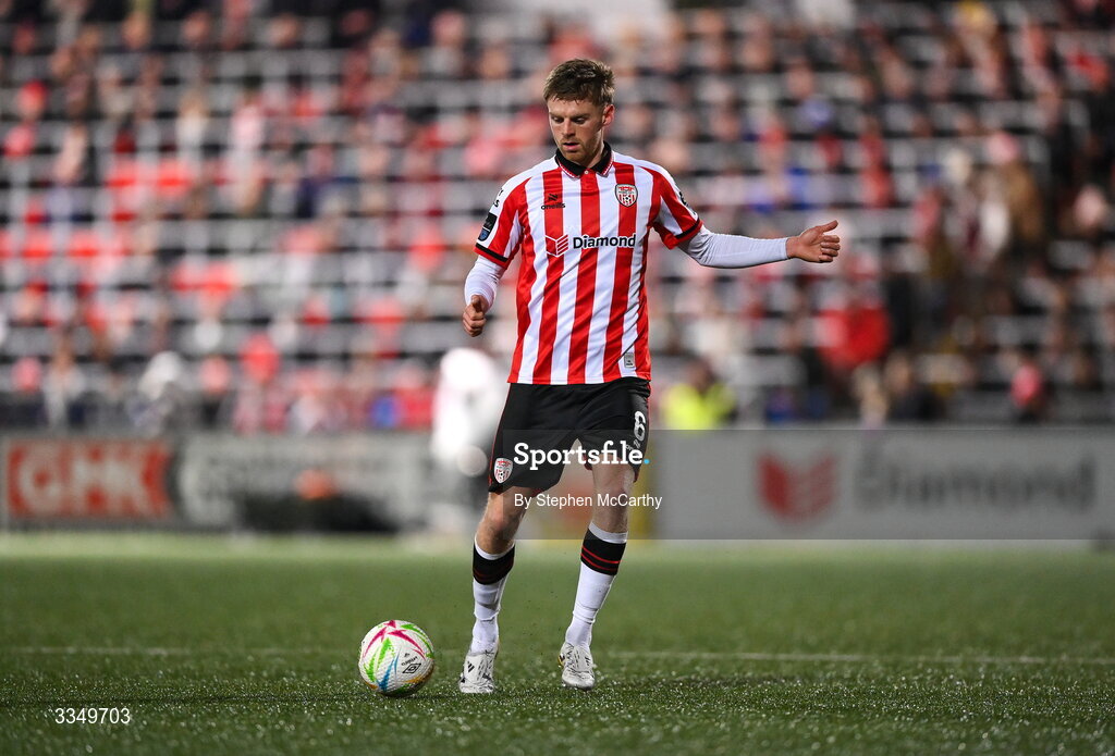 6 February 2026; Rob Slevin of Derry City during the SSE Airtricity Men's Premier Division match between Derry City and Sligo Rovers at The Ryan McBride Brandywell Stadium in Derry. Photo by Stephen McCarthy/Sportsfile