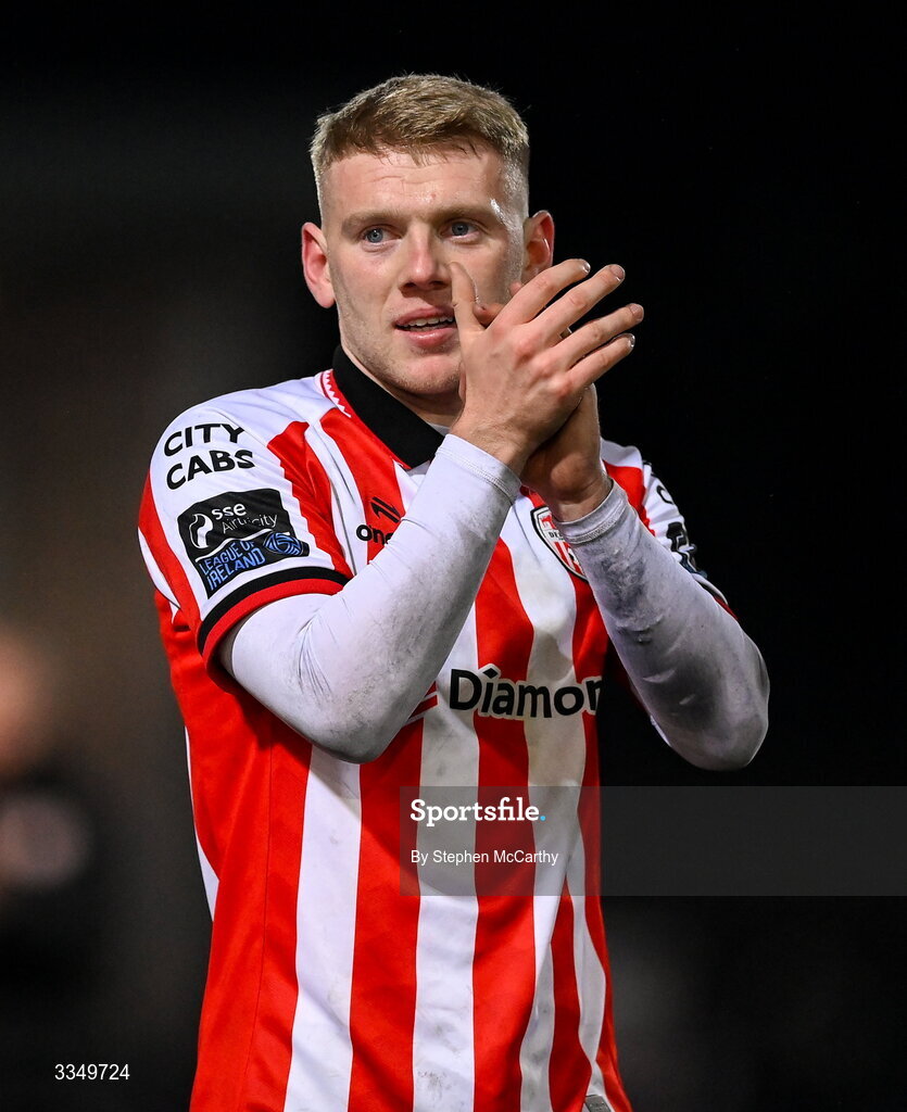 6 February 2026; Josh Thomas of Derry City acknowledges his side's supporters after the SSE Airtricity Men's Premier Division match between Derry City and Sligo Rovers at The Ryan McBride Brandywell Stadium in Derry. Photo by Stephen McCarthy/Sportsfile