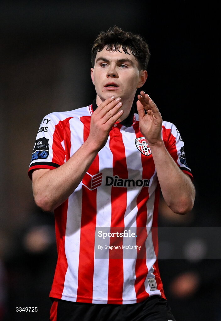 6 February 2026; James Clarke of Derry City acknowledges his side's supporters after the SSE Airtricity Men's Premier Division match between Derry City and Sligo Rovers at The Ryan McBride Brandywell Stadium in Derry. Photo by Stephen McCarthy/Sportsfile