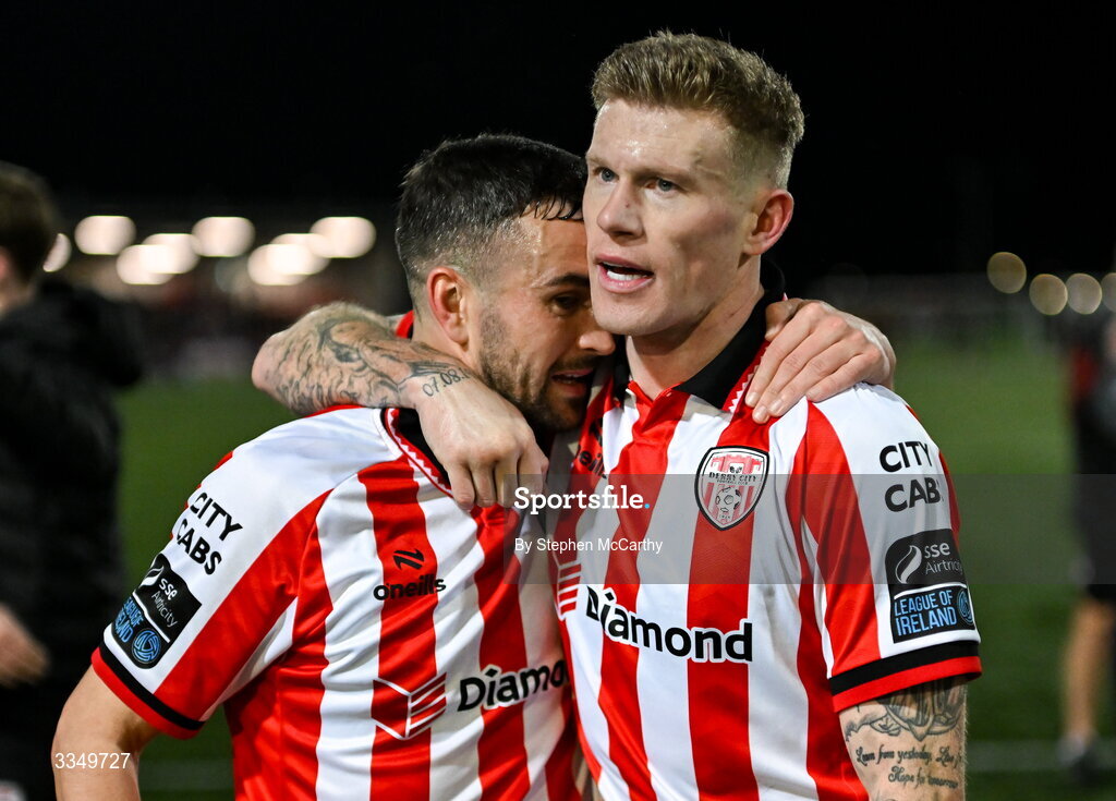 6 February 2026; James McClean and Michael Duffy, left, of Derry City after the SSE Airtricity Men's Premier Division match between Derry City and Sligo Rovers at The Ryan McBride Brandywell Stadium in Derry. Photo by Stephen McCarthy/Sportsfile