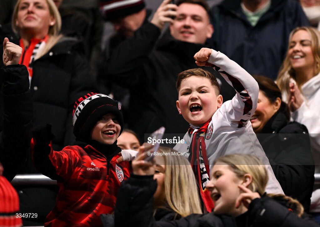 6 February 2026; Derry City supporters celebrate their opening goal during the SSE Airtricity Men's Premier Division match between Derry City and Sligo Rovers at The Ryan McBride Brandywell Stadium in Derry. Photo by Stephen McCarthy/Sportsfile