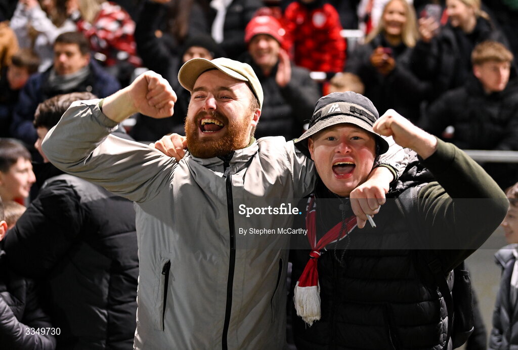 6 February 2026; Derry City supporters celebrate their winning goal during the SSE Airtricity Men's Premier Division match between Derry City and Sligo Rovers at The Ryan McBride Brandywell Stadium in Derry. Photo by Stephen McCarthy/Sportsfile