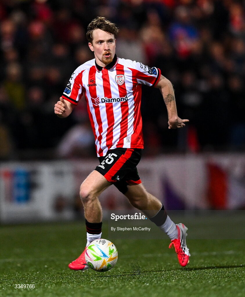 6 February 2026; Alex Bannon of Derry City during the SSE Airtricity Men's Premier Division match between Derry City and Sligo Rovers at The Ryan McBride Brandywell Stadium in Derry. Photo by Stephen McCarthy/Sportsfile