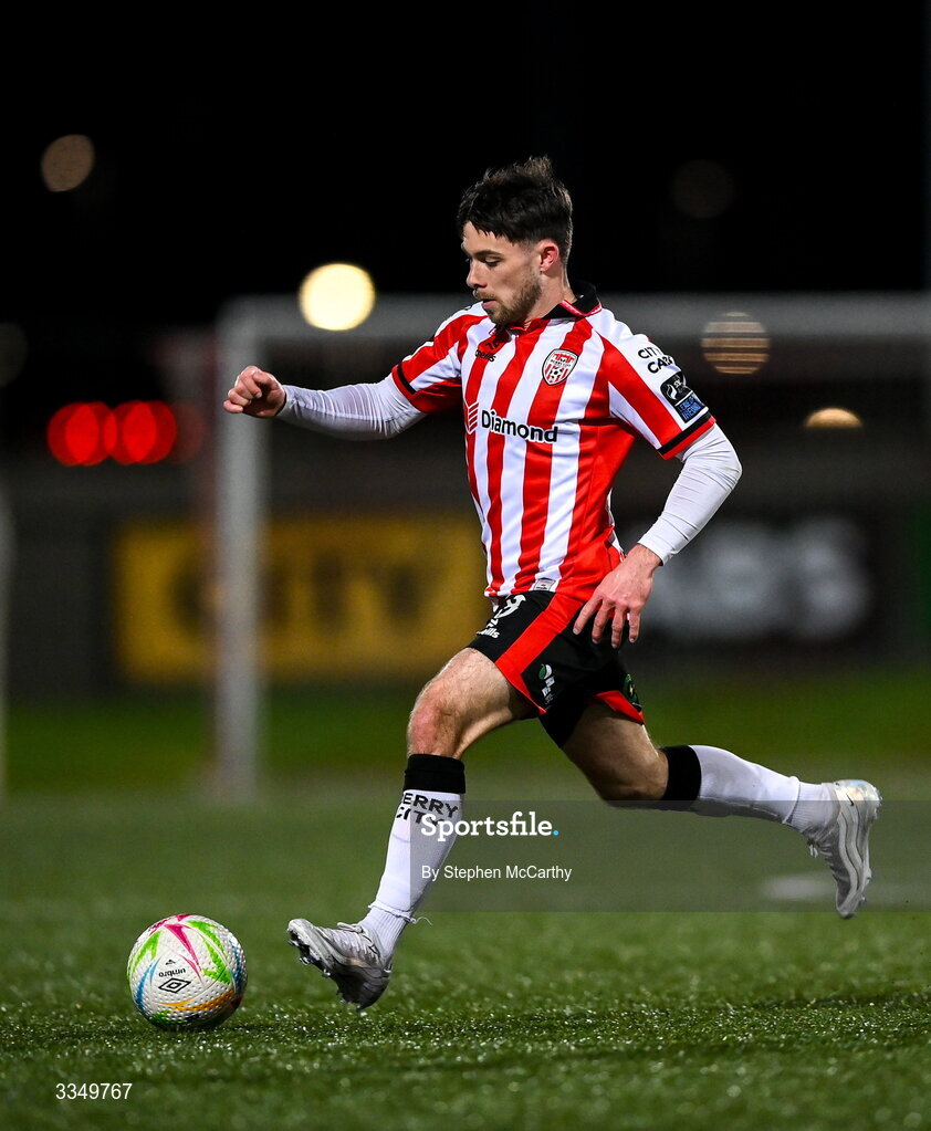 6 February 2026; Adam O'Reilly of Derry City during the SSE Airtricity Men's Premier Division match between Derry City and Sligo Rovers at The Ryan McBride Brandywell Stadium in Derry. Photo by Stephen McCarthy/Sportsfile