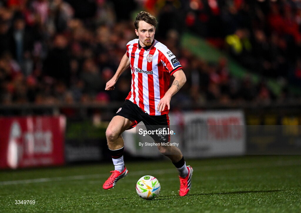 6 February 2026; Alex Bannon of Derry City during the SSE Airtricity Men's Premier Division match between Derry City and Sligo Rovers at The Ryan McBride Brandywell Stadium in Derry. Photo by Stephen McCarthy/Sportsfile