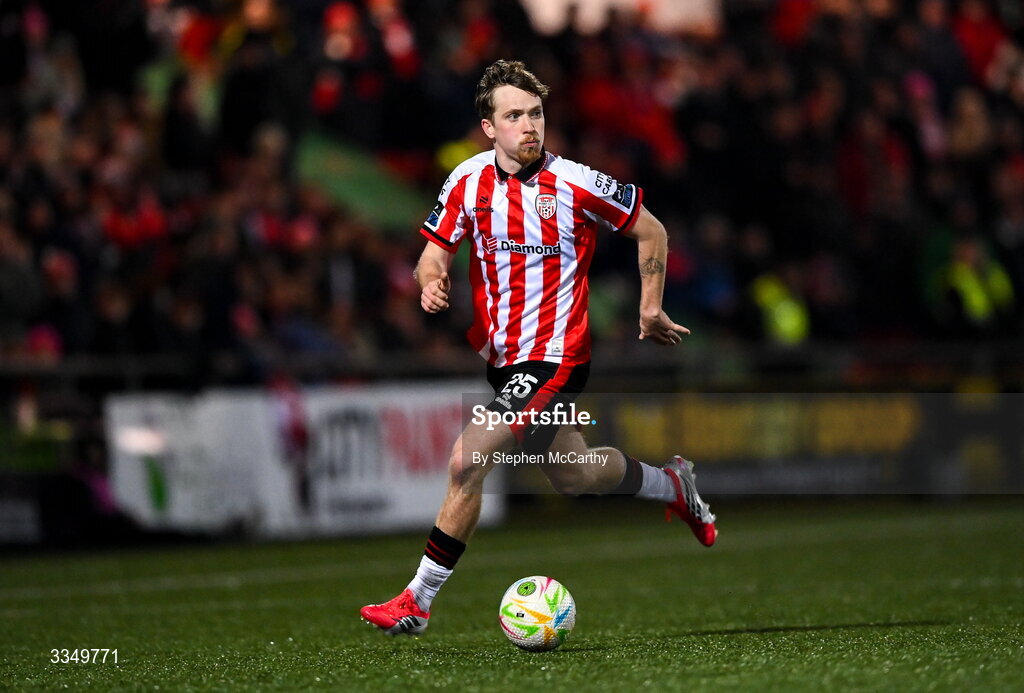 6 February 2026; Alex Bannon of Derry City during the SSE Airtricity Men's Premier Division match between Derry City and Sligo Rovers at The Ryan McBride Brandywell Stadium in Derry. Photo by Stephen McCarthy/Sportsfile