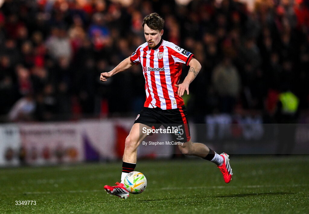 6 February 2026; Alex Bannon of Derry City during the SSE Airtricity Men's Premier Division match between Derry City and Sligo Rovers at The Ryan McBride Brandywell Stadium in Derry. Photo by Stephen McCarthy/Sportsfile