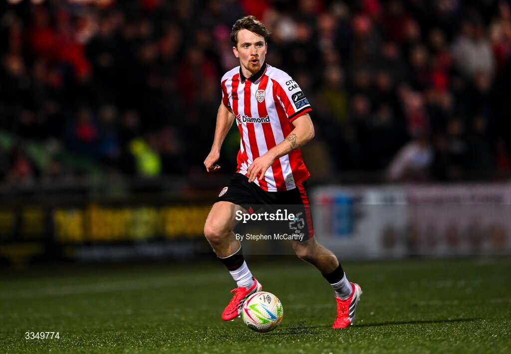 6 February 2026; Alex Bannon of Derry City during the SSE Airtricity Men's Premier Division match between Derry City and Sligo Rovers at The Ryan McBride Brandywell Stadium in Derry. Photo by Stephen McCarthy/Sportsfile
