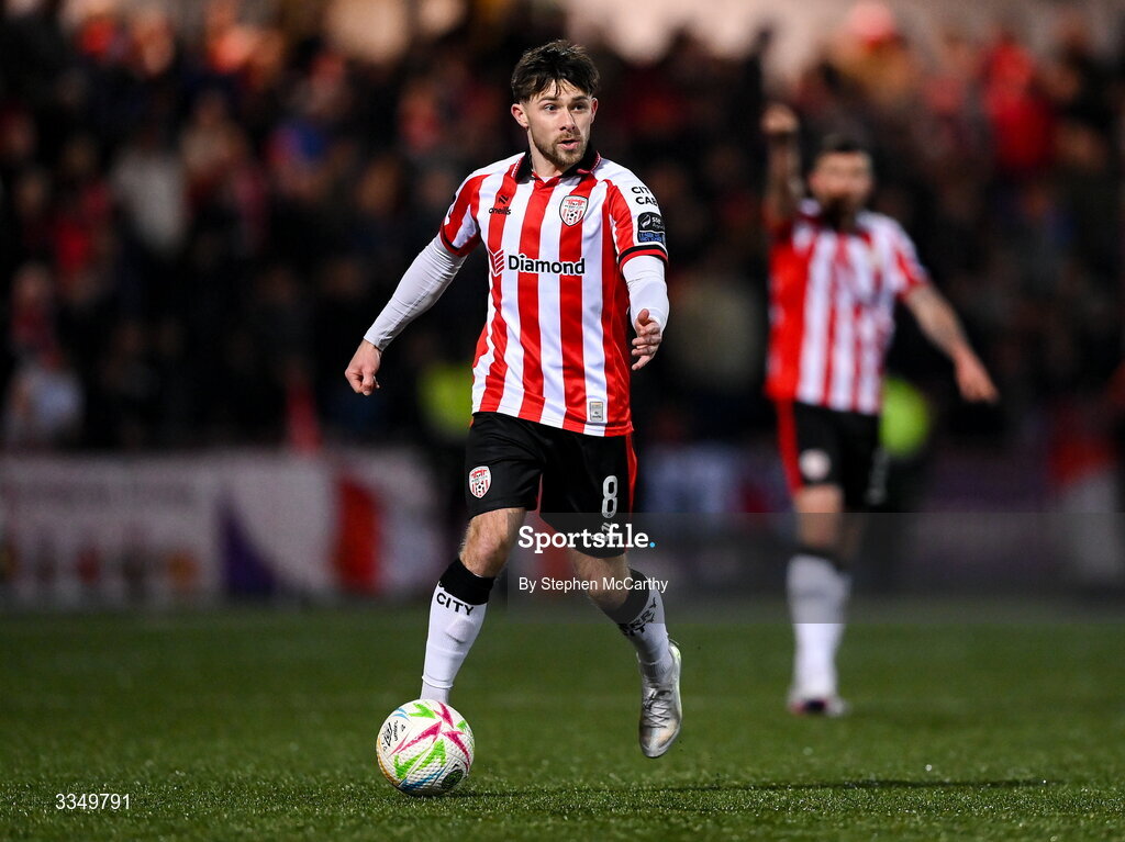 6 February 2026; Adam O'Reilly of Derry City during the SSE Airtricity Men's Premier Division match between Derry City and Sligo Rovers at The Ryan McBride Brandywell Stadium in Derry. Photo by Stephen McCarthy/Sportsfile