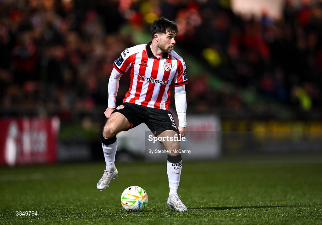 6 February 2026; Adam O'Reilly of Derry City during the SSE Airtricity Men's Premier Division match between Derry City and Sligo Rovers at The Ryan McBride Brandywell Stadium in Derry. Photo by Stephen McCarthy/Sportsfile