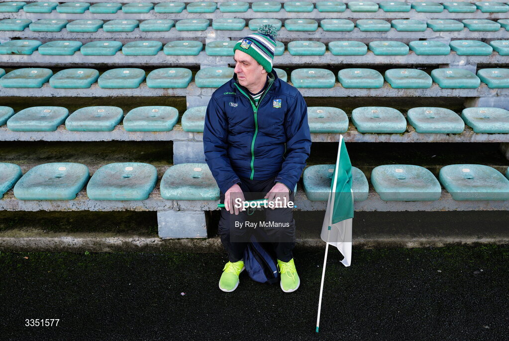8 February 2026; Limerick supporter Matthew Hepher, from Kilmallock, awaits the start of the Allianz Hurling League Division 1A match between Limerick and Kilkenny at TUS Gaelic Grounds in Limerick. Photo by Ray McManus/Sportsfile