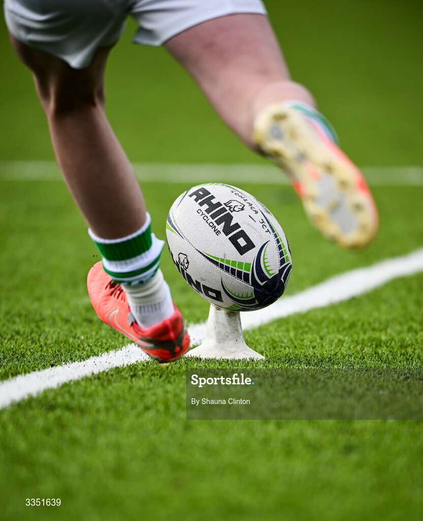 9 February 2026; A detailed view of a Gonzaga player warming up before the Bank of Ireland Leinster Rugby Boys Schools Junior Cup First Round match between Gonzaga College and St Michael’s College at Energia Park in Dublin. Photo by Shauna Clinton/Sportsfile