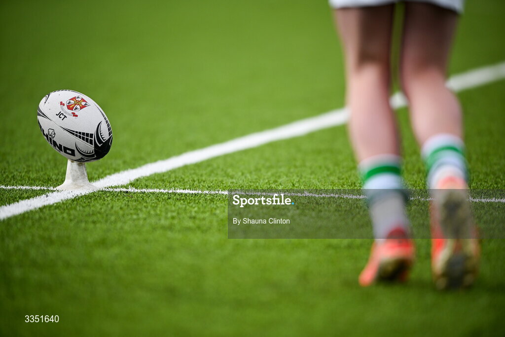 9 February 2026; A detailed view of a Gonzaga player warming up before the Bank of Ireland Leinster Rugby Boys Schools Junior Cup First Round match between Gonzaga College and St Michael’s College at Energia Park in Dublin. Photo by Shauna Clinton/Sportsfile