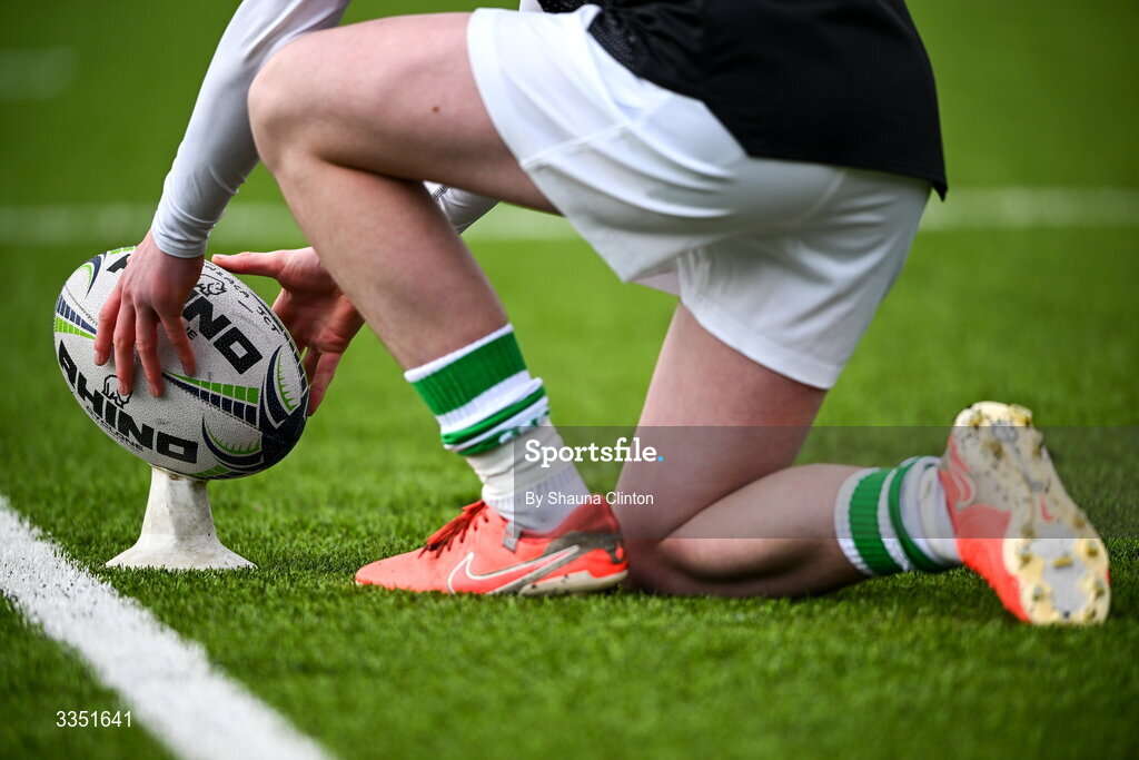 9 February 2026; A detailed view of a Gonzaga player warming up before the Bank of Ireland Leinster Rugby Boys Schools Junior Cup First Round match between Gonzaga College and St Michael’s College at Energia Park in Dublin. Photo by Shauna Clinton/Sportsfile