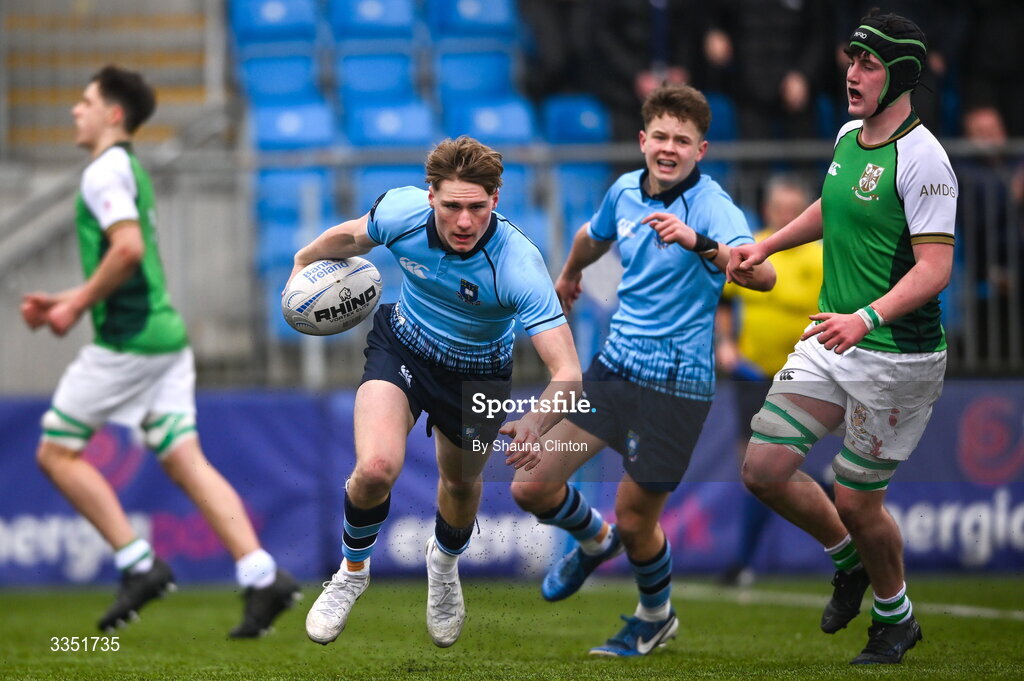 9 February 2026; Myles Carroll of St Michael’s College scores his side's fourth try during the Bank of Ireland Leinster Rugby Boys Schools Junior Cup First Round match between Gonzaga College and St Michael’s College at Energia Park in Dublin. Photo by Shauna Clinton/Sportsfile