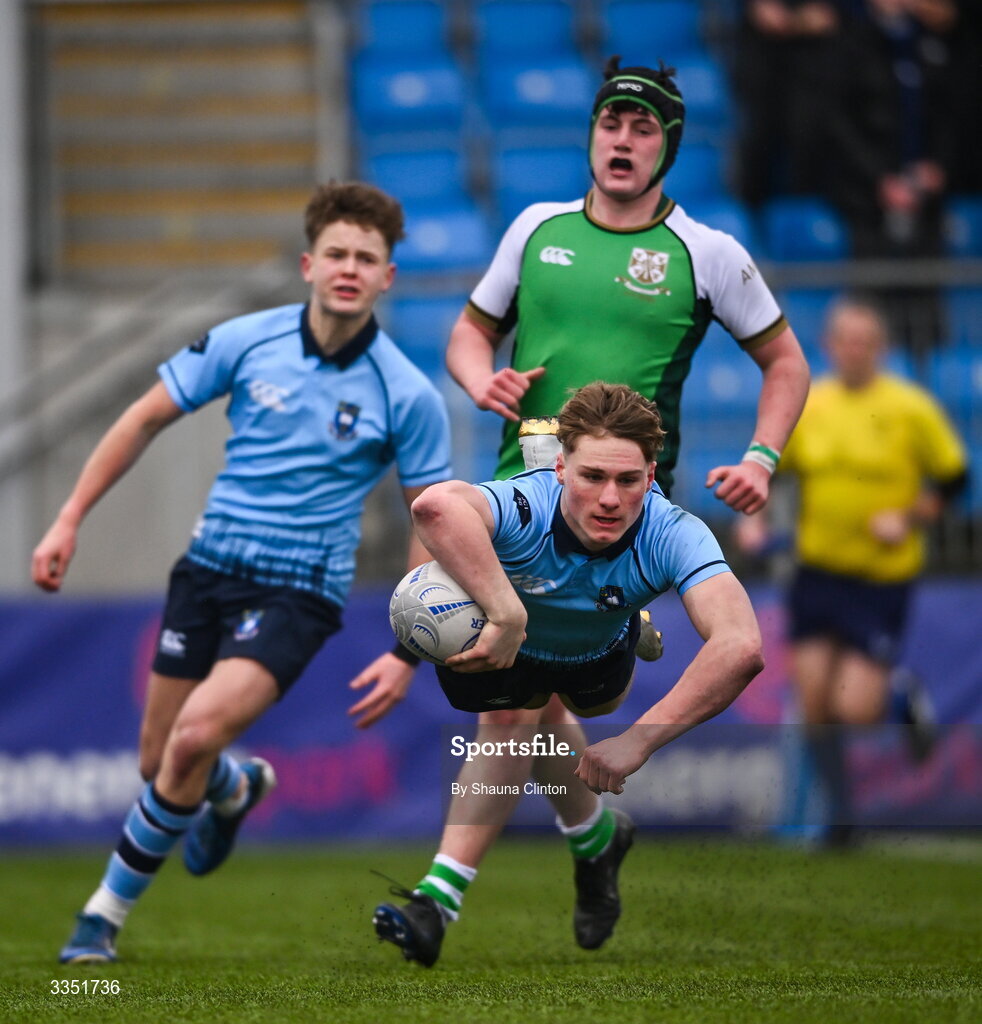 9 February 2026; Myles Carroll of St Michael’s College scores his side's fourth try during the Bank of Ireland Leinster Rugby Boys Schools Junior Cup First Round match between Gonzaga College and St Michael’s College at Energia Park in Dublin. Photo by Shauna Clinton/Sportsfile