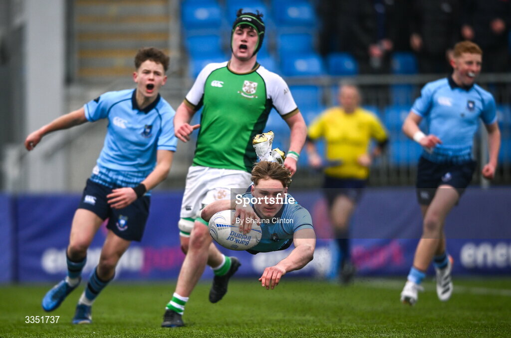 9 February 2026; Myles Carroll of St Michael’s College scores his side's fourth try during the Bank of Ireland Leinster Rugby Boys Schools Junior Cup First Round match between Gonzaga College and St Michael’s College at Energia Park in Dublin. Photo by Shauna Clinton/Sportsfile