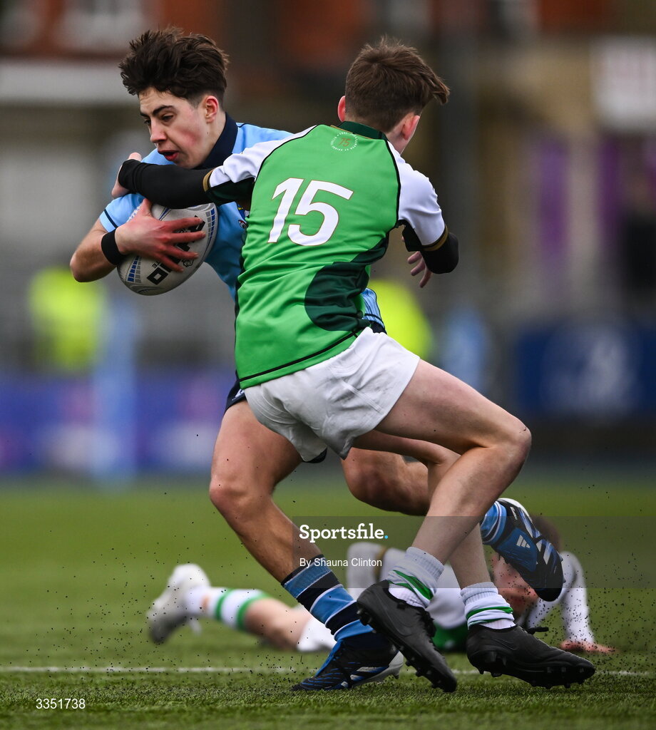 9 February 2026; Oisin Crehan of St Michael’s College in action against Seán Fehily of Gonzaga College during the Bank of Ireland Leinster Rugby Boys Schools Junior Cup First Round match between Gonzaga College and St Michael’s College at Energia Park in Dublin. Photo by Shauna Clinton/Sportsfile