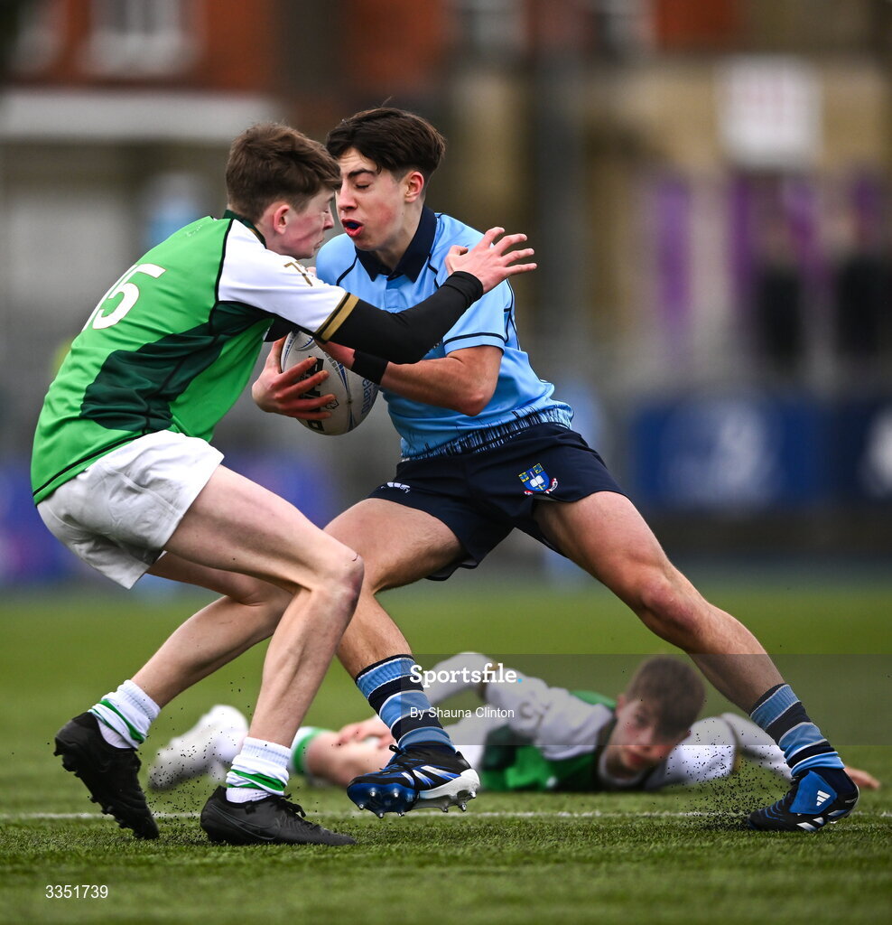 9 February 2026; Oisin Crehan of St Michael’s College in action against Seán Fehily of Gonzaga College during the Bank of Ireland Leinster Rugby Boys Schools Junior Cup First Round match between Gonzaga College and St Michael’s College at Energia Park in Dublin. Photo by Shauna Clinton/Sportsfile