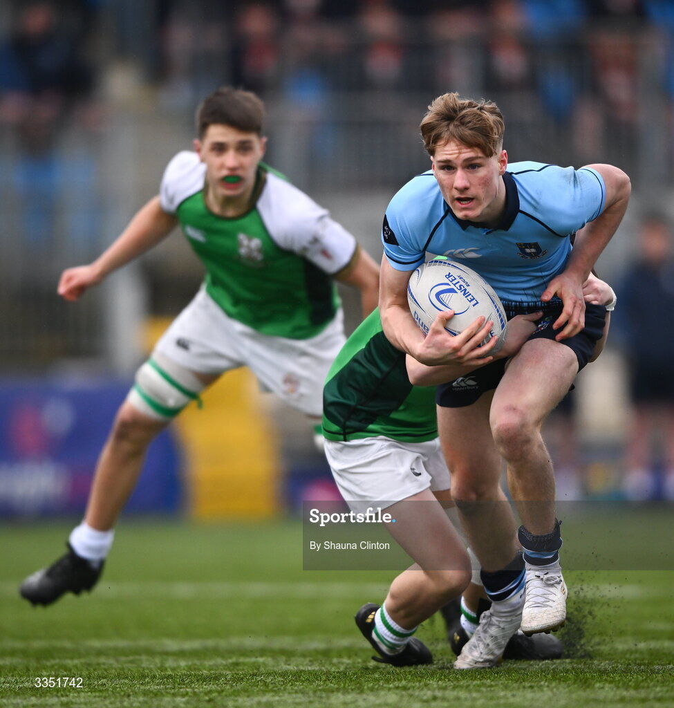 9 February 2026; Myles Carroll of St Michael’s College is tackled by Daniel Friel of Gonzaga College during the Bank of Ireland Leinster Rugby Boys Schools Junior Cup First Round match between Gonzaga College and St Michael’s College at Energia Park in Dublin. Photo by Shauna Clinton/Sportsfile