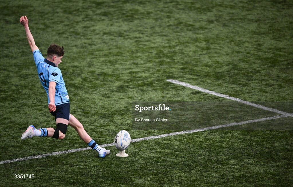 9 February 2026; Tommy Asple of St Michael’s College kicks a conversion during the Bank of Ireland Leinster Rugby Boys Schools Junior Cup First Round match between Gonzaga College and St Michael’s College at Energia Park in Dublin. Photo by Shauna Clinton/Sportsfile