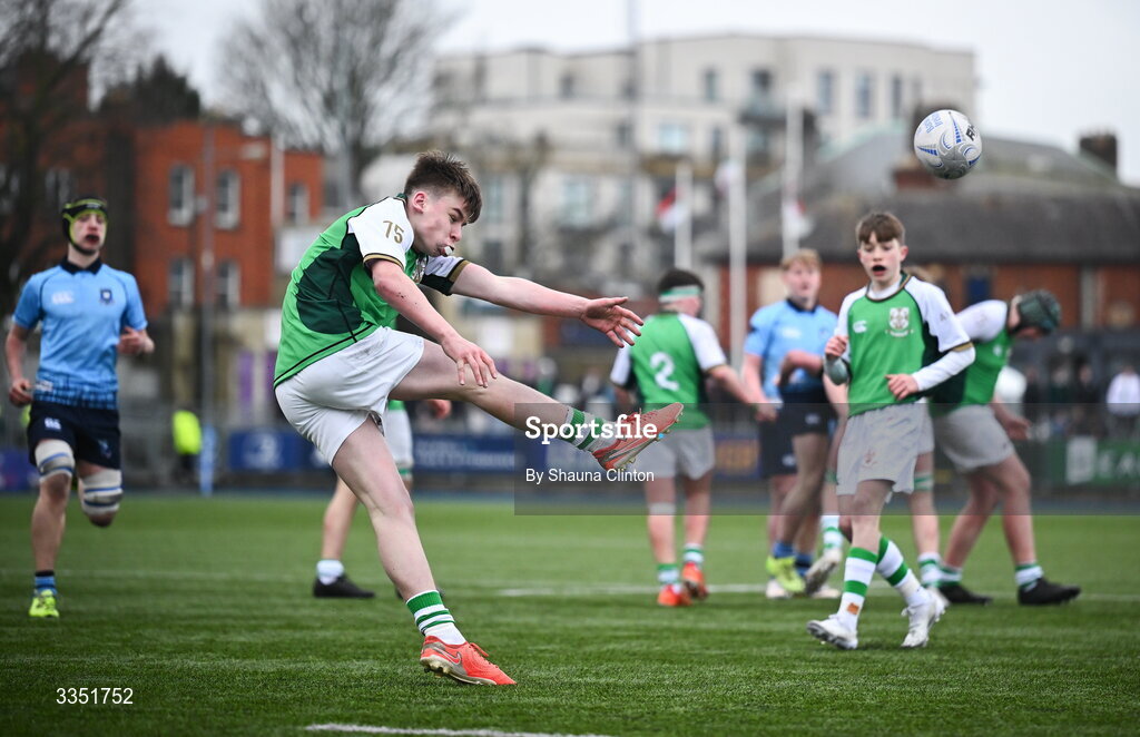 9 February 2026; Seán Fahey of Gonzaga College kicks clear during the Bank of Ireland Leinster Rugby Boys Schools Junior Cup First Round match between Gonzaga College and St Michael’s College at Energia Park in Dublin. Photo by Shauna Clinton/Sportsfile
