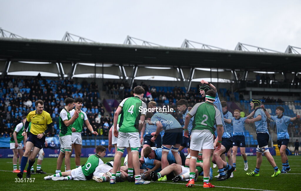 9 February 2026; St Michael’s College players celebrate their side's third try, scored by team-mate CJ Rowell, obscured, during the Bank of Ireland Leinster Rugby Boys Schools Junior Cup First Round match between Gonzaga College and St Michael’s College at Energia Park in Dublin. Photo by Shauna Clinton/Sportsfile