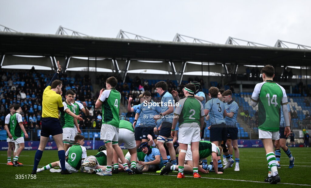 9 February 2026; St Michael’s College players celebrate their side's third try, scored by team-mate CJ Rowell, obscured, during the Bank of Ireland Leinster Rugby Boys Schools Junior Cup First Round match between Gonzaga College and St Michael’s College at Energia Park in Dublin. Photo by Shauna Clinton/Sportsfile