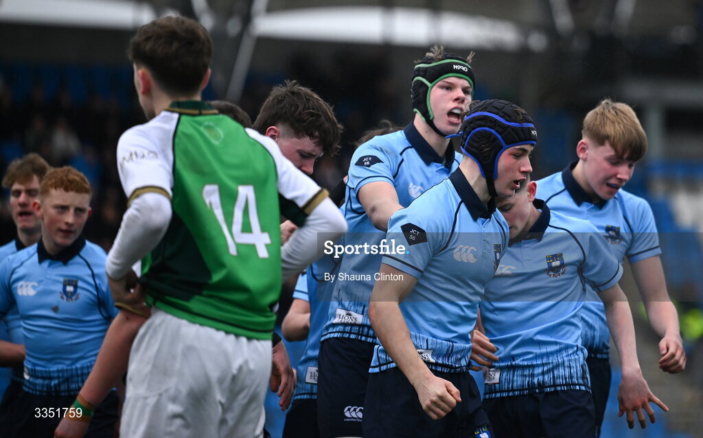 9 February 2026; CJ Rowell of St Michael’s College, centre, is congratulated by team-mates after scoring their side's third try during the Bank of Ireland Leinster Rugby Boys Schools Junior Cup First Round match between Gonzaga College and St Michael’s College at Energia Park in Dublin. Photo by Shauna Clinton/Sportsfile