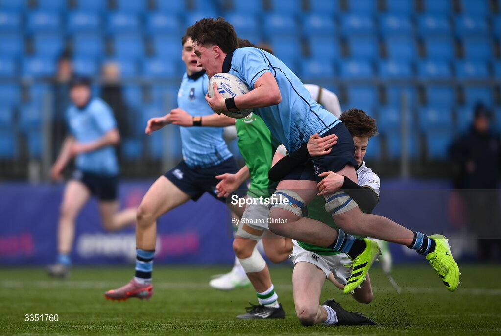 9 February 2026; Ryan O'Malley of St Michael’s College is tackled by Hugh Cunningham of Gonzaga College during the Bank of Ireland Leinster Rugby Boys Schools Junior Cup First Round match between Gonzaga College and St Michael’s College at Energia Park in Dublin. Photo by Shauna Clinton/Sportsfile