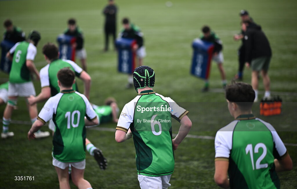 9 February 2026; Gonzaga College players make their way out onto the pitch ahead of the Bank of Ireland Leinster Rugby Boys Schools Junior Cup First Round match between Gonzaga College and St Michael’s College at Energia Park in Dublin. Photo by Shauna Clinton/Sportsfile
