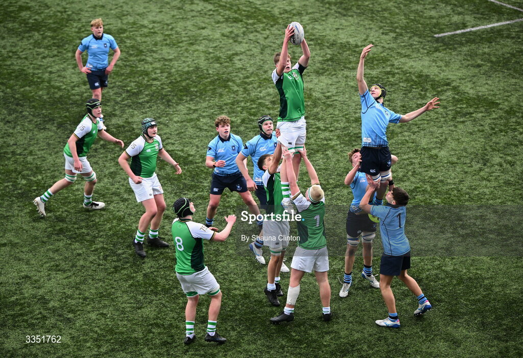 9 February 2026; A general view of action during the Bank of Ireland Leinster Rugby Boys Schools Junior Cup First Round match between Gonzaga College and St Michael’s College at Energia Park in Dublin. Photo by Shauna Clinton/Sportsfile