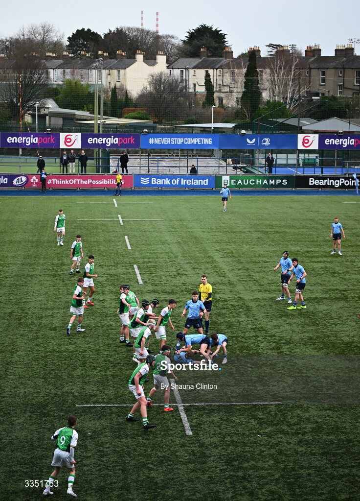 9 February 2026; A general view of action during the Bank of Ireland Leinster Rugby Boys Schools Junior Cup First Round match between Gonzaga College and St Michael’s College at Energia Park in Dublin. Photo by Shauna Clinton/Sportsfile