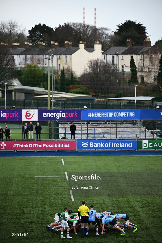 9 February 2026; A general view of action during the Bank of Ireland Leinster Rugby Boys Schools Junior Cup First Round match between Gonzaga College and St Michael’s College at Energia Park in Dublin. Photo by Shauna Clinton/Sportsfile