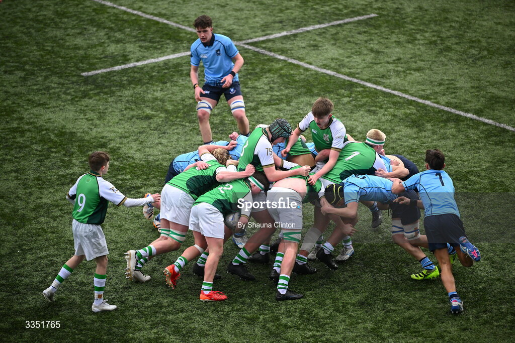 9 February 2026; A general view of action during the Bank of Ireland Leinster Rugby Boys Schools Junior Cup First Round match between Gonzaga College and St Michael’s College at Energia Park in Dublin. Photo by Shauna Clinton/Sportsfile