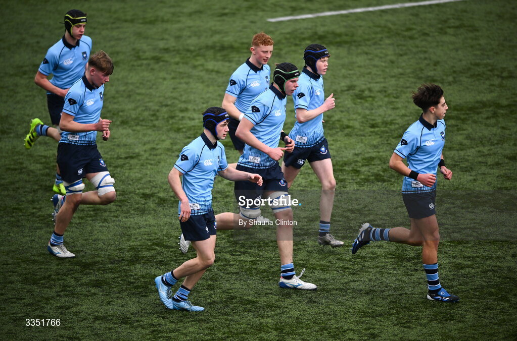 9 February 2026; St Michael’s College players during the Bank of Ireland Leinster Rugby Boys Schools Junior Cup First Round match between Gonzaga College and St Michael’s College at Energia Park in Dublin. Photo by Shauna Clinton/Sportsfile