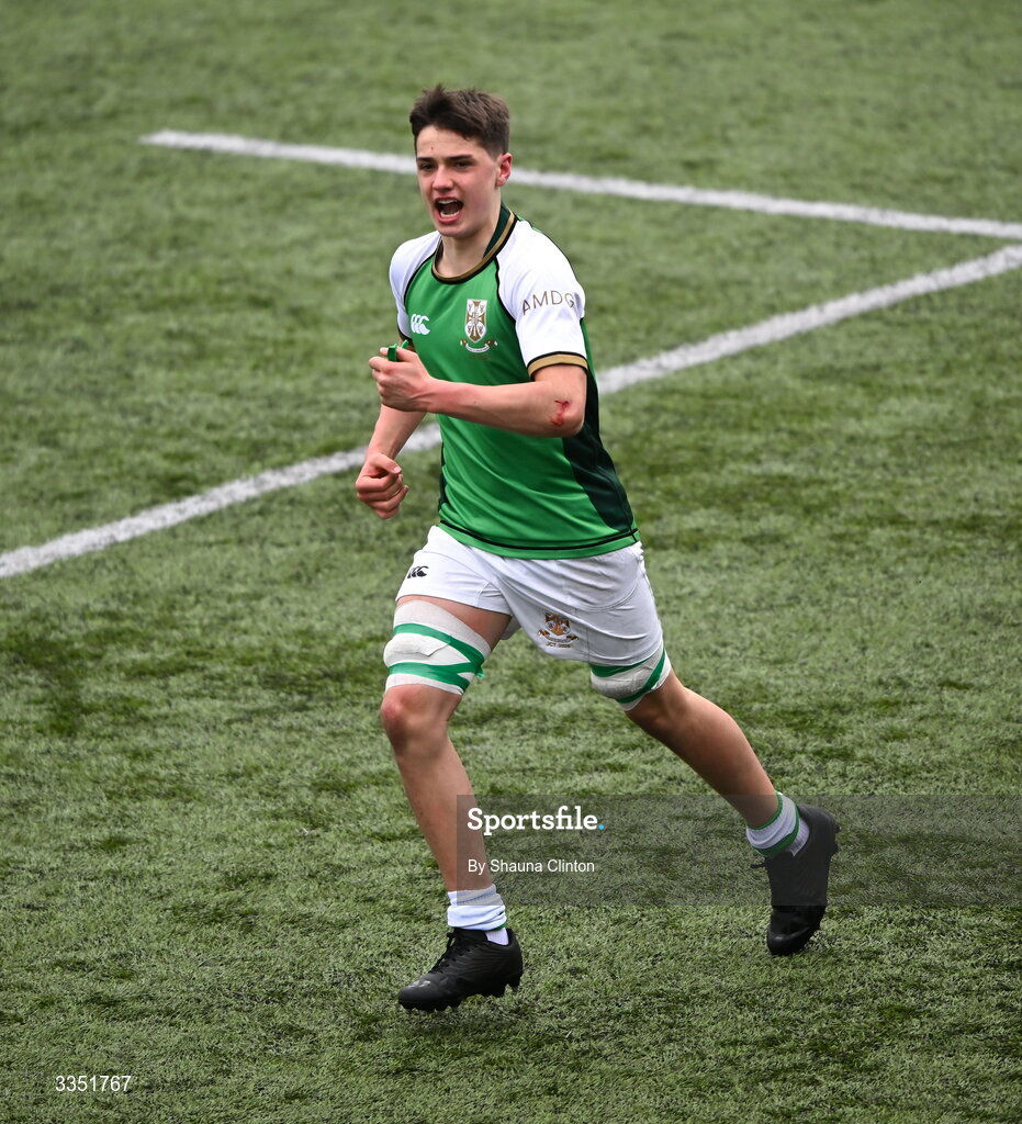 9 February 2026; Caspian Breakwell of Gonzaga College reacts during the Bank of Ireland Leinster Rugby Boys Schools Junior Cup First Round match between Gonzaga College and St Michael’s College at Energia Park in Dublin. Photo by Shauna Clinton/Sportsfile