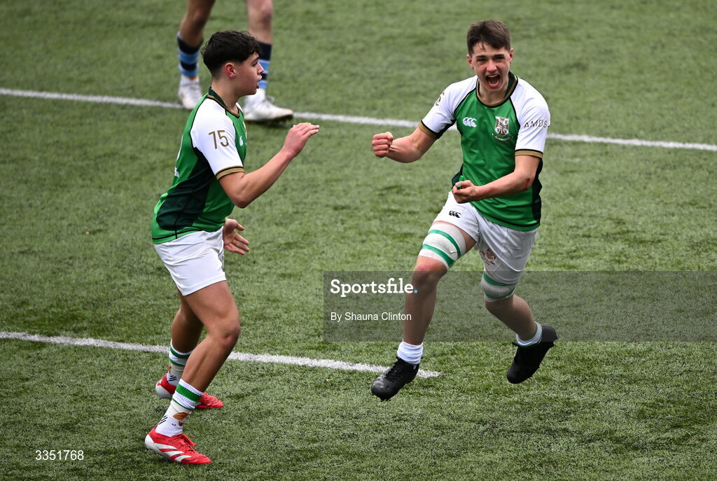 9 February 2026; Robert Callanan, left, and Caspian Breakwell of Gonzaga College react during the Bank of Ireland Leinster Rugby Boys Schools Junior Cup First Round match between Gonzaga College and St Michael’s College at Energia Park in Dublin. Photo by Shauna Clinton/Sportsfile