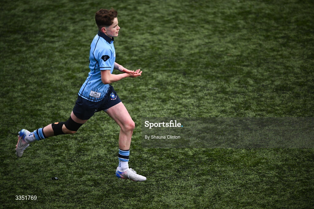 9 February 2026; Tommy Asple of St Michael’s College celebrates successfully kicking a conversion during the Bank of Ireland Leinster Rugby Boys Schools Junior Cup First Round match between Gonzaga College and St Michael’s College at Energia Park in Dublin. Photo by Shauna Clinton/Sportsfile
