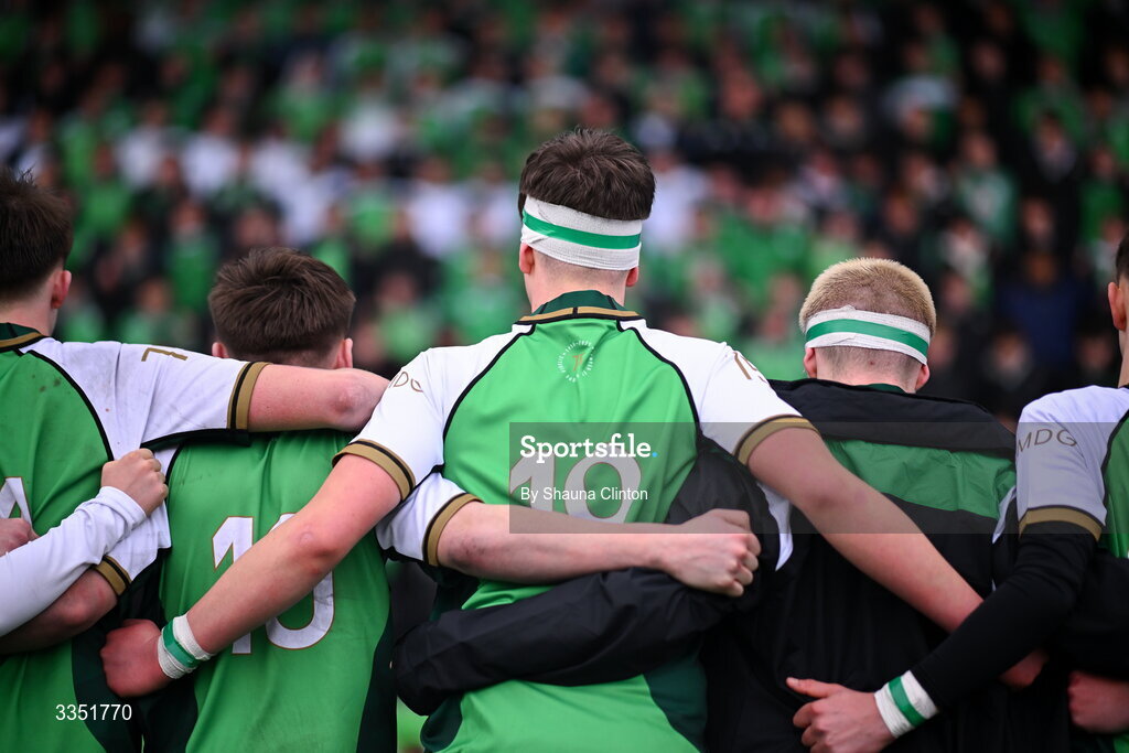 9 February 2026; Gonzaga College players dejected after their side's defeat in the Bank of Ireland Leinster Rugby Boys Schools Junior Cup First Round match between Gonzaga College and St Michael’s College at Energia Park in Dublin. Photo by Shauna Clinton/Sportsfile