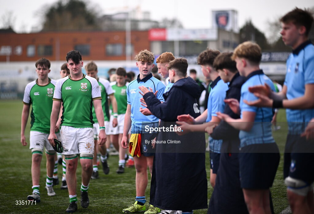 9 February 2026; Gonzaga College players dejected after their side's defeat in the Bank of Ireland Leinster Rugby Boys Schools Junior Cup First Round match between Gonzaga College and St Michael’s College at Energia Park in Dublin. Photo by Shauna Clinton/Sportsfile