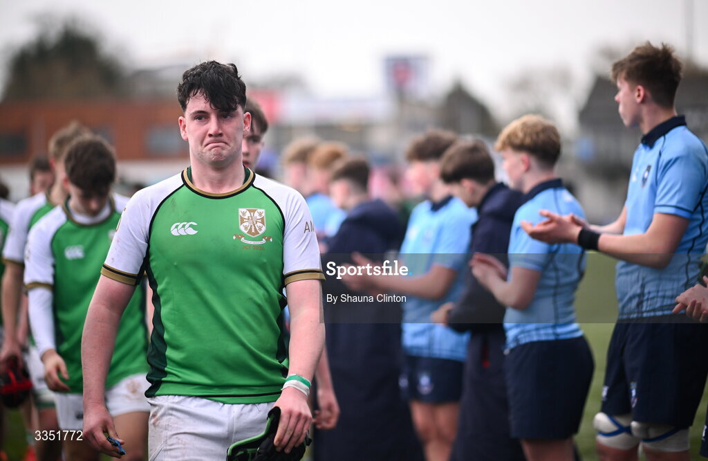9 February 2026; Gonzaga College players dejected after their side's defeat in the Bank of Ireland Leinster Rugby Boys Schools Junior Cup First Round match between Gonzaga College and St Michael’s College at Energia Park in Dublin. Photo by Shauna Clinton/Sportsfile